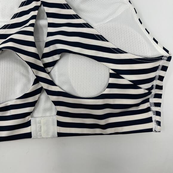 Athleta Navy Blue White XSmall Striped High Neck Mudra Sports Bra Cut Out Back - Picture 8 of 12